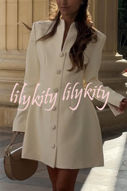 Solid Color Long-sleeved Slim-fit Button-down Casual Mini Dress