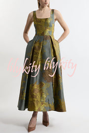 London Nights Satin Floral Pattern Square Neck Pocket Pleated Prom Maxi Dress