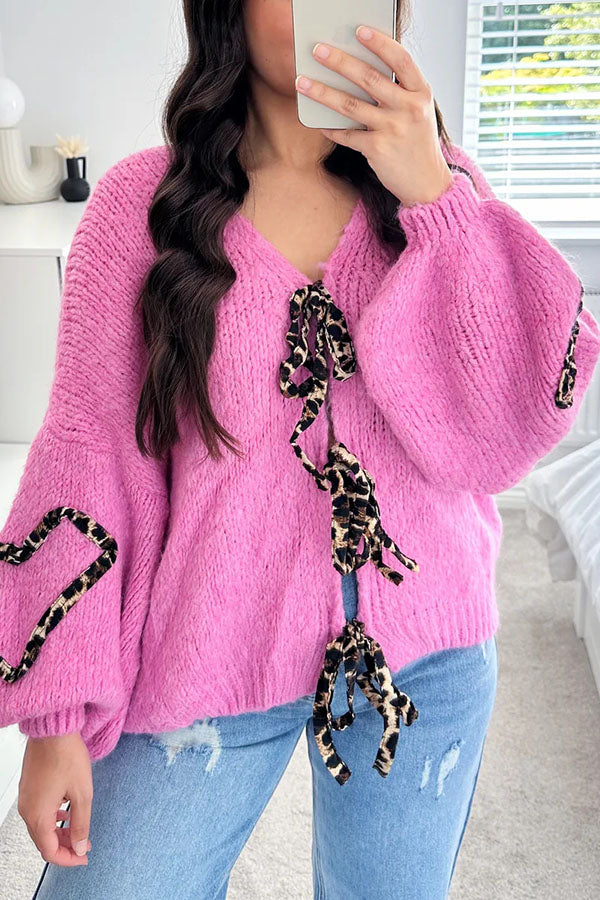 Fashionable Loose Long-sleeved Leopard Print Lace-up Knitted Sweater Cardigan