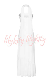 Monaco Off Shoulder Structured Top Chiffon Slit Hem Scarf Maxi Dress