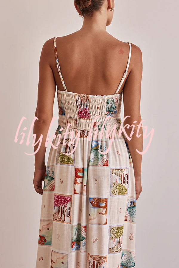 Unique Printed Sling Backless Elastic Pleated Maxi Dress