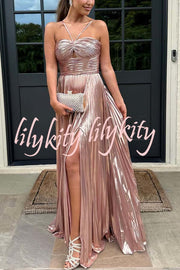 Make A Toast Metallic Fabric Cross Neck Cutout Slit Pleated Maxi Dress