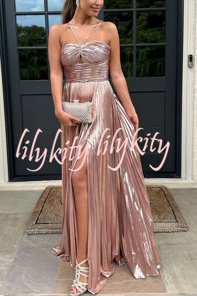 Make A Toast Metallic Fabric Cross Neck Cutout Slit Pleated Maxi Dress