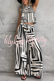 Striped Printed Sleeveless Casual Top and Elastic Waist Loose Pocket Wide-leg Pants Set