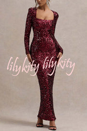 My Dreams Sparkle Sequin Square Neck Long Sleeves Slit Maxi Dress