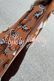Mediterranean Art Knit Unique Sun Vortex Print Bell Sleeve Long Cardigan