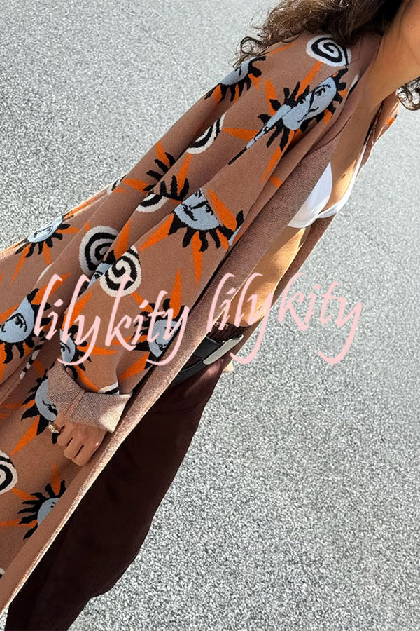 Mediterranean Art Knit Unique Sun Vortex Print Bell Sleeve Long Cardigan