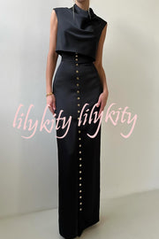 Solid Color Casual Sleeveless Crop Top and Elegant Button-down Maxi Skirt Set