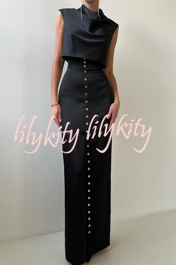 Solid Color Casual Sleeveless Crop Top and Elegant Button-down Maxi Skirt Set