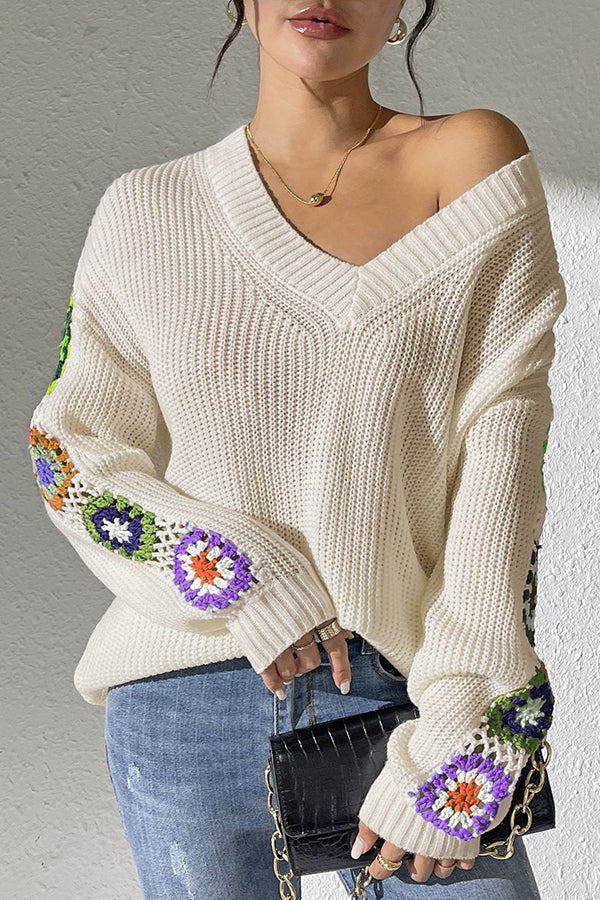 Fashion Hook Flower Long Sleeve V-Neck Loose Knitted Sweater