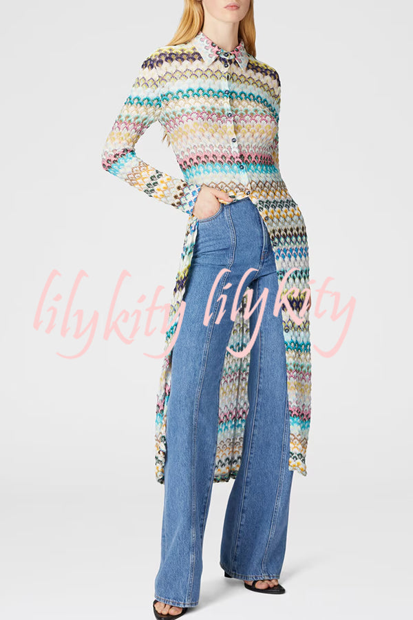 Anna Knit Colorful Herringbone Print Shirt Neck Button Long Sleeve Slim-fit Long Cardigan