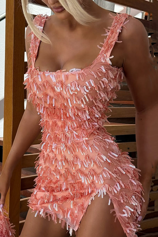 Sexy Square Neck Open Back Sequined Tassel Slim Mini Dress