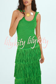 Solid Color Sleeveless Slim Fit Fringed Hem Knitted Midi Dress