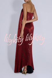 Party Time Pleated Metallic Fabric Off Shoulder Irregular Hem A-line Maxi Dress