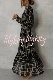 Unique Printed V-neck Tie-up Waist Long-sleeve Maxi Dress