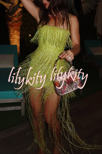 Sparkle Night Beaded Sequined Tassel Slip Midi Dress