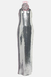 Moonlit Blooms Sequin Floral-appliqué Halter Neck Slit Gown Maxi Dress