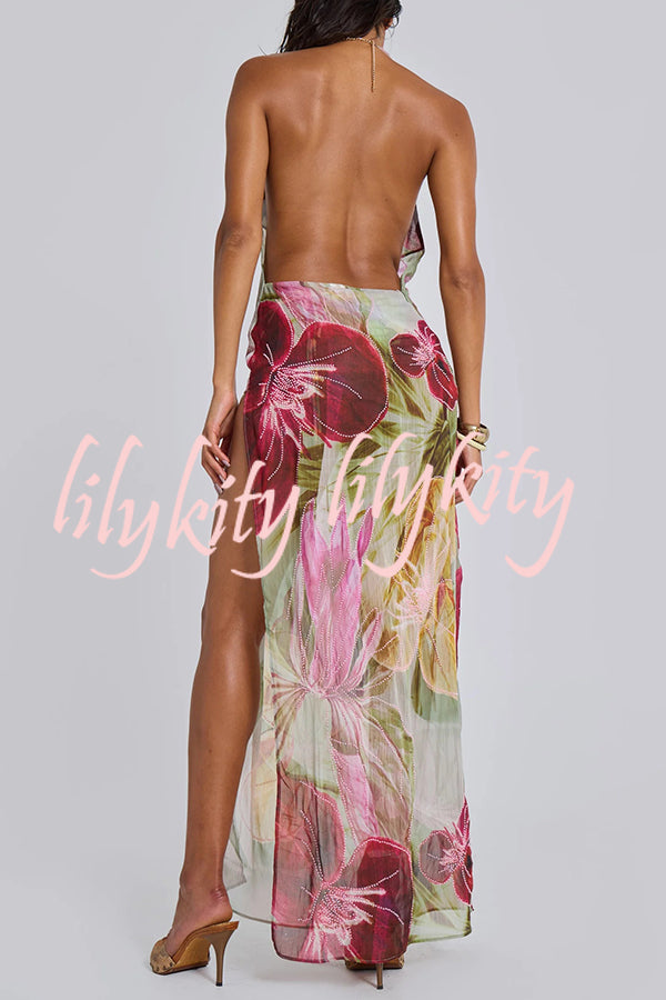 Floral Print Sexy Backless Slit See-Through Holiday Maxi Dress