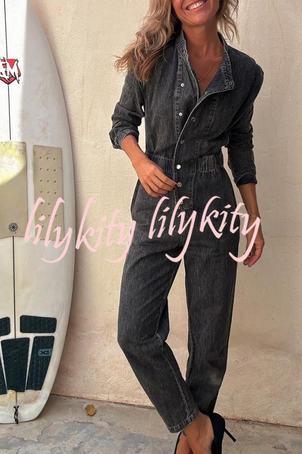 Carey Denim Button Up Long Sleeve Elastic Waist Pocketed Loose Jumpsuit