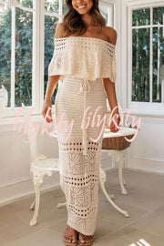 Jolene Knit Crochet Texture Off Shoulder Drawstring Waist Maxi Dresses