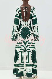 Holiday Fashion Unique Print Front Center Hollow Ring Long Sleeve Maxi Dress