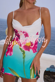 Fresh Summer Floral Print Cowl Neck Slip Mini Dress