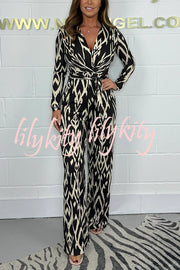 Fashion Leopard Print V-Neck Long Sleeve Lace-Up Casual Jumpsuit