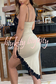 Sexy Lace Paneled Deep V Suspender Slim Midi Dress