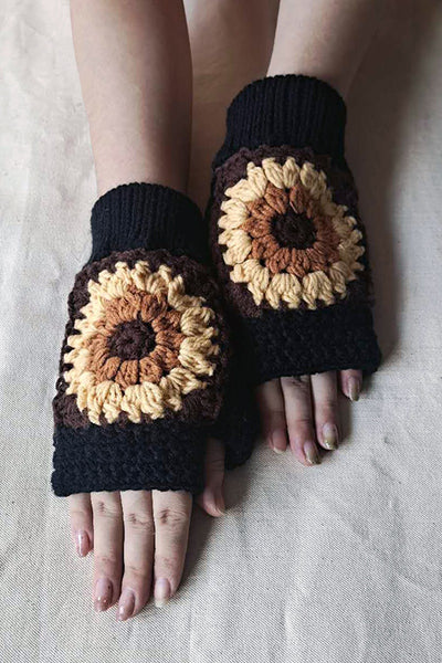 Knitted Sunflower Warm Half Finger Wool Gloves