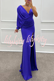 Like Venus One Shoulder Bat Sleeve Ruched Detail Slit Gown Maxi Dress