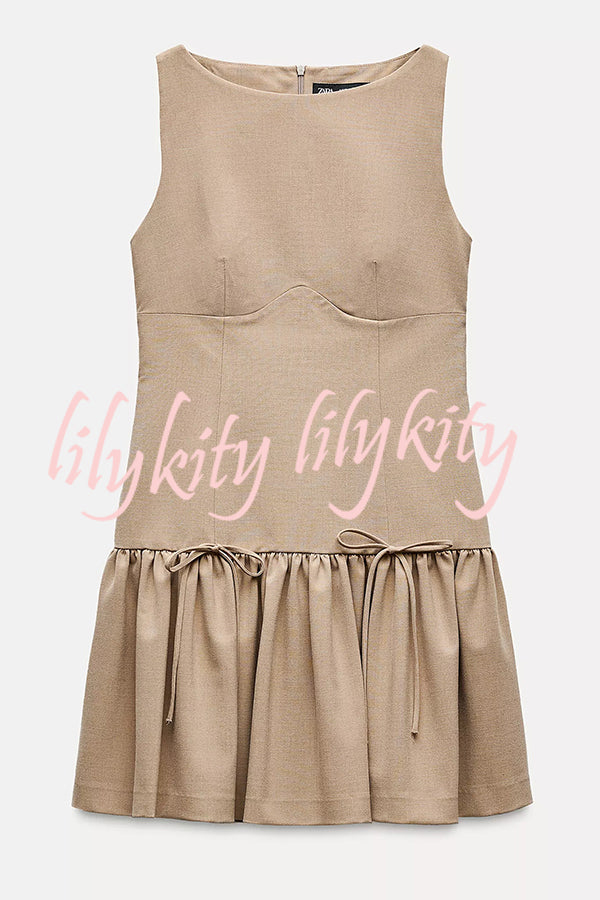 Solid Velvet Bow Embellished Sleeveless Mini Dress