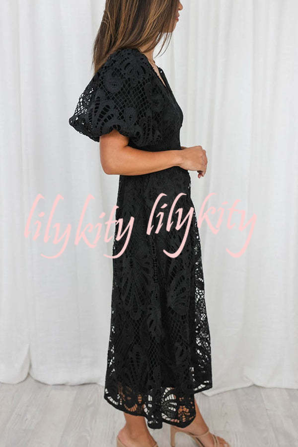 Solid Color V-neck Waist Slim Fit Hollow Lace Maxi Dress