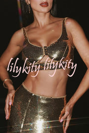 Party Sequin Button Crop Tank and Irregular Round Sequin Tassels Hem Maxi Skirt Set