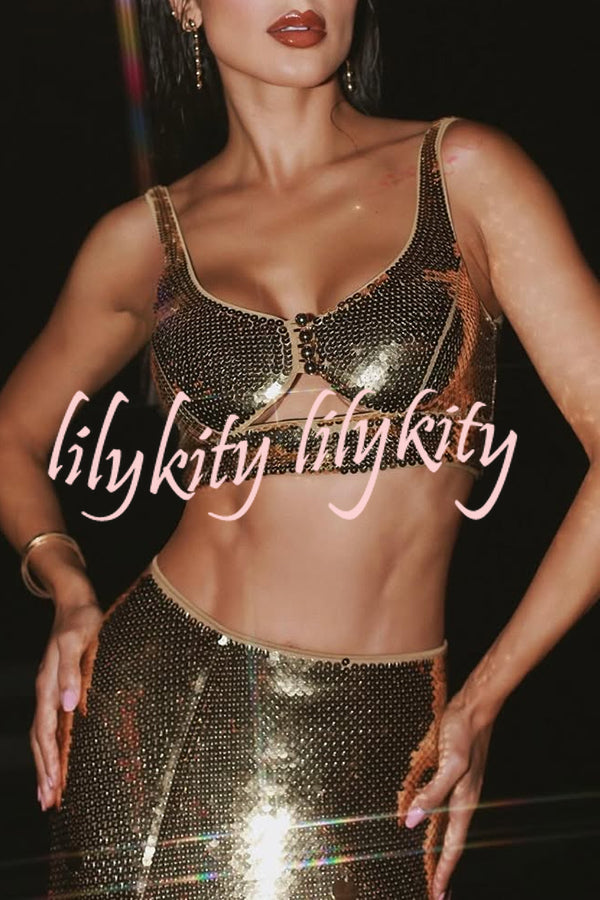 Party Sequin Button Crop Tank and Irregular Round Sequin Tassels Hem Maxi Skirt Set