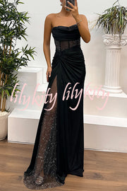 Audrey Satin Paneled Mesh Sequin Fabric Off Shoulder Ruched Drape Maxi Dress