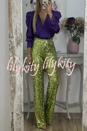 Glitzy Glamour Sequin High Rise Elastic Waist Wide Leg Pants