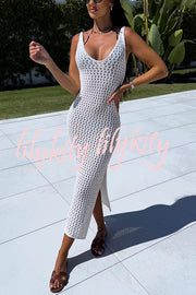 Solid Color V-neck Hollow Beach Knitted Cover-up Midi Dress