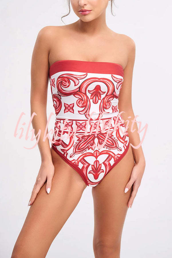 Summer Lovin Unique Royal Print Strapless One Piece Stretch Swimsuit and Pareo