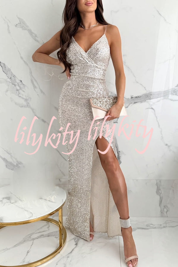 Look At The Bright Sequin V-neck Strap Slit Stretch Maxi Dress