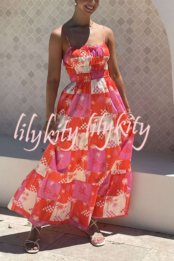 Resort Style Printed Suspender Pleated Loose Maxi Dress