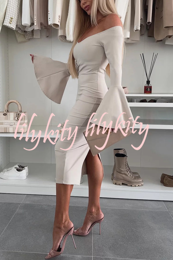 Solid Color Sexy Off-shoulder Trumpet Sleeve Slim Midi Dress