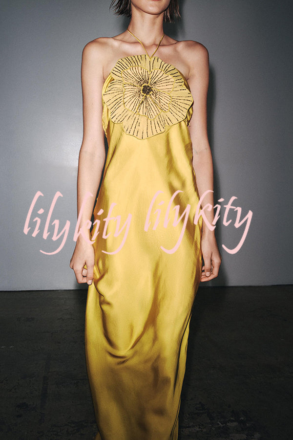 Fashionable Beaded Large Flower Decoration Halter Neck Backless Maxi Dress