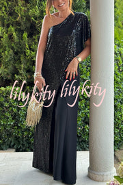 Party Favors Sequin One Shoulder Ruffle Detail Wide Leg Evening Jumpsuit