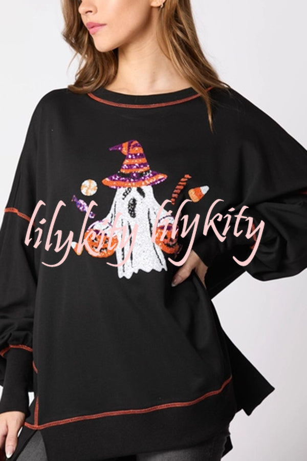 Halloween Ghost Sequin Loose Casual Sweatshirt