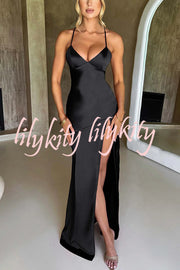 Satin Solid Color Sexy Backless Lace Up High Slit Maxi Dress