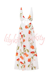 Eliska Linen Blend Poppy Print Cutout Contrast Trim A-line Maxi Dress