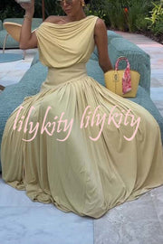 Gwen Soft Knit Fabric Off Shoulder Ruched Detail Drape Maxi Dress