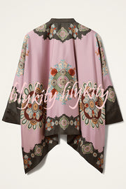 Satin Unique Print Loose Batwing Sleeve Top and Elastic Waist Pocket Casual Wide-leg Pants Set