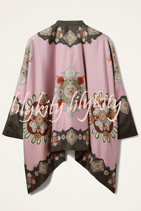 Satin Unique Print Loose Batwing Sleeve Top and Elastic Waist Pocket Casual Wide-leg Pants Set