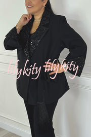 Social Time Embroidered Sequin Patchwork Tassel Belt Detail Lapel Party Blazer